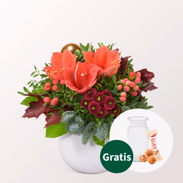 Blumenstrauß Wintermorgen mit Vase & Ferrero Giotto 3er