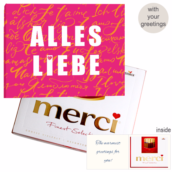 Personal greeting card with Merci: Alles Liebe (250 g)