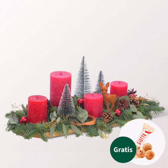 Adventsgesteck Weihnachtswald mit Ferrero Giotto 3er