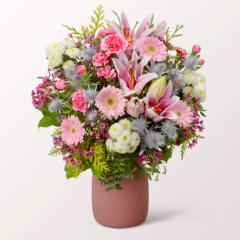 Premiumstrauß Rosa Glanz mit Premiumvase & Ferrero Giotto 3er
