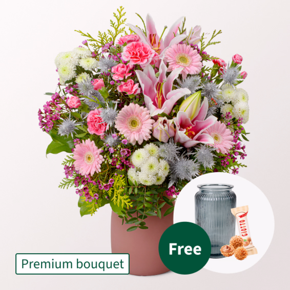 Premium Bouquet Rosa Glanz with Premium Vase & 3 Ferrero Giotto