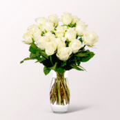 Bunch of  20 white Fairtrade roses with vase