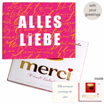 Personal greeting card with Merci: Alles Liebe (250 g)