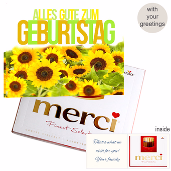 Personal greeting card with Merci: Alles Gute zum Geburtstag (250 g)