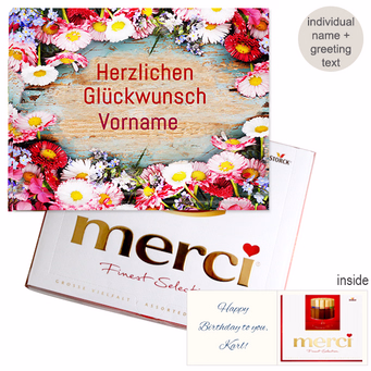 Personal greeting card with Merci: Herzlichen Glückwunsch „Vorname“ (250 g)