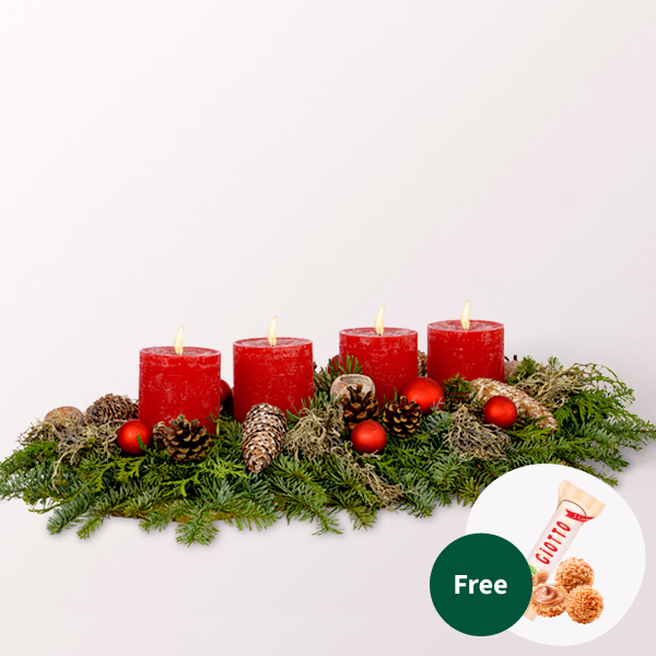 Long Red Arrangement with 3 Ferrero Giotto