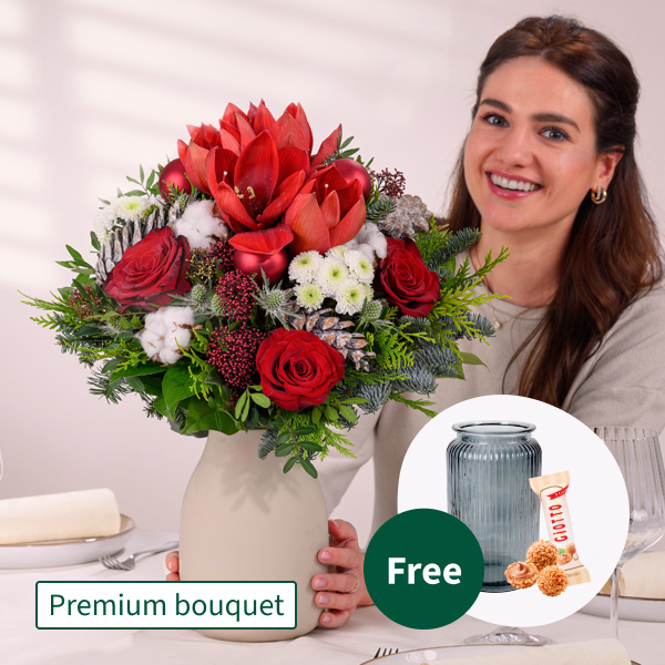 Premium Bouquet Winterfarben with Premium Vase & 3 Ferrero Giotto