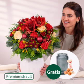 Premiumstrauß Festliche Bescherung mit Premiumvase & Ferrero Giotto 3er