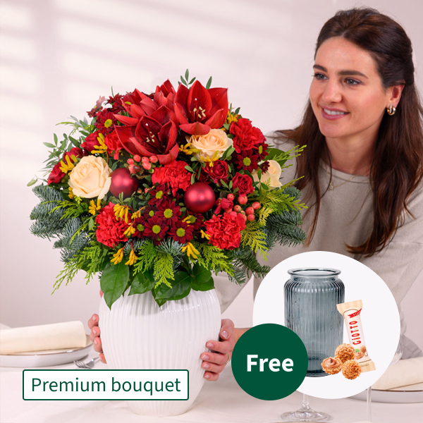 Premium Bouquet Festliche Bescherung with Premium Vase & 3 Ferrero Giotto