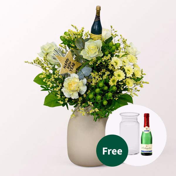Flower Bouquet „Happy New Year“ with vase & Rotkäppchen Sparkling Wine