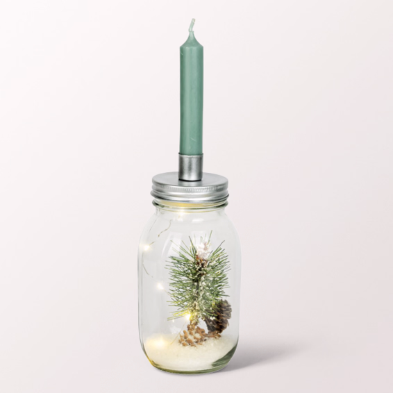 Winterliches Dekoglas mit Kerzenhalter