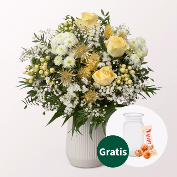 Blumenstrauß Goldschimmer mit Vase & Ferrero Giotto 3er