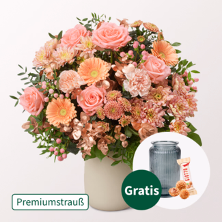 Premiumstrauß Peachy Christmas mit Premiumvase & Ferrero Giotto 3er