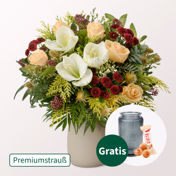 Premiumstrauß Vorfreude mit Premiumvase & Ferrero Giotto 3er