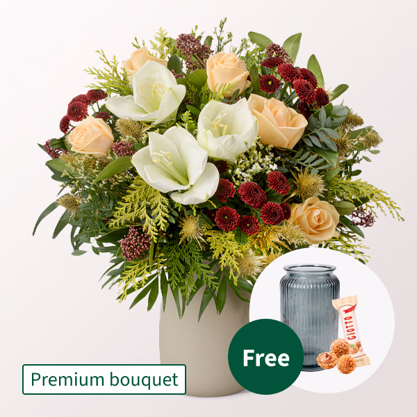Premium Bouquet Vorfreude with Premium Vase & 3 Ferrero Giotto