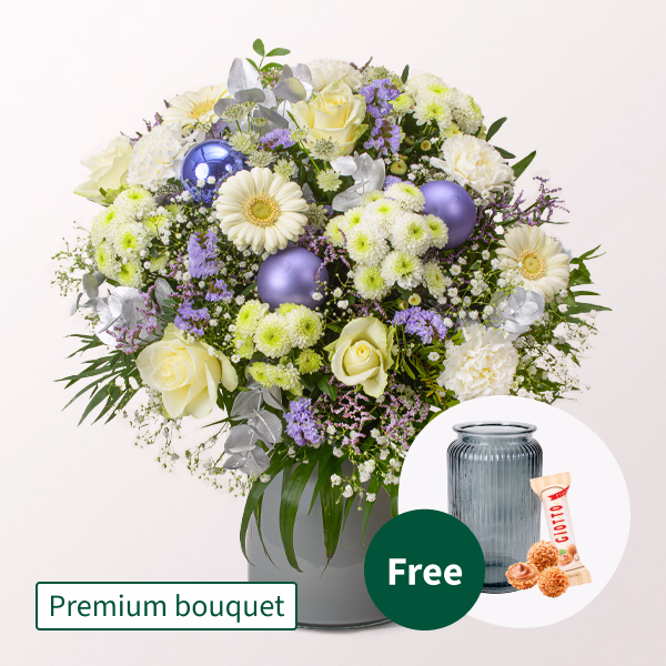 Premium Bouquet Schneezauber with Premium Vase & 3 Ferrero Giotto