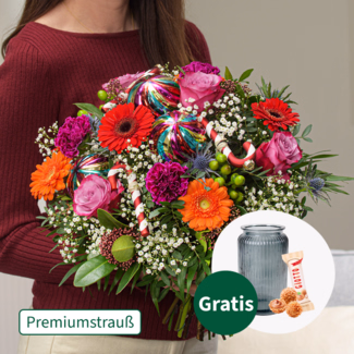 Premiumstrauß Feliz Navidad mit Premiumvase & Ferrero Giotto 3er