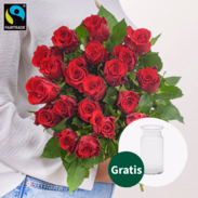 Rote Fairtrade Rosen im Bund mit Vase