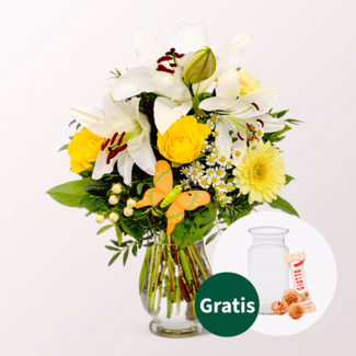 Blumenstrauß Sonnengelb mit Vase & Ferrero Giotto 3er