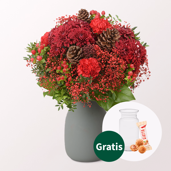 Blumenstrauß Red Velvet mit Vase & Ferrero Giotto 3er
